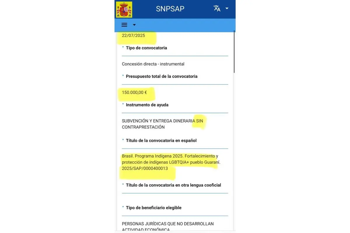 Captura de pantalla de la web del gobierno de España SNPSAP que muestra una convocatoria de subvención de 150000 euros con fecha 22 07 2025 para el programa Brasil Programa Indígena 2025 de fortalecimiento y protección de indígenas LGBTQIA+ del pueblo guaraní con entrega dineraria sin contraprestación