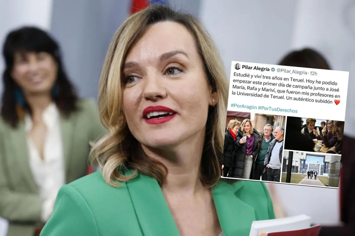 Mujer rubia con americana verde hablando en un acto mientras se muestra sobreimpreso un tuit con fotos de su visita a la Universidad de Teruel