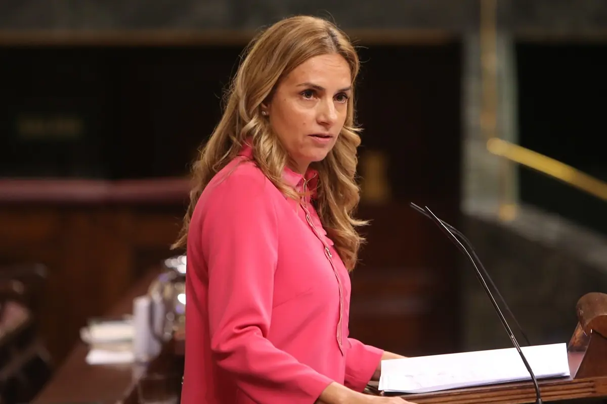 Mujer con blusa rosa hablando en un atril en un salón de plenos parlamentario Mujer con blusa rosa hablando en un atril en un salón de plenos parlamentario