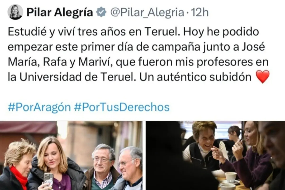 Captura de un tuit de Pilar Alegría sobre su campaña en Teruel acompañado de fotos donde aparece conversando y haciéndose selfies con tres personas mayores en la calle y en una cafetería