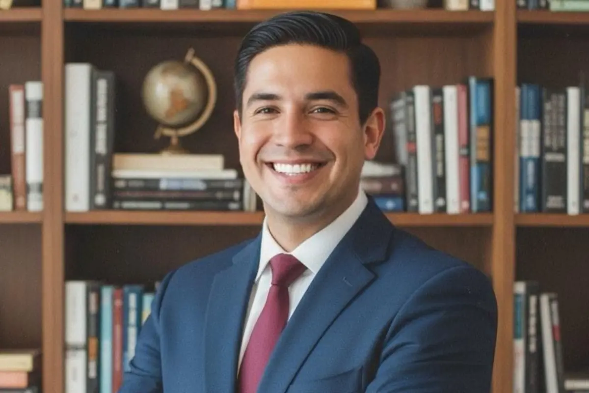 Hombre joven con traje azul y corbata roja sonriendo frente a una estantería llena de libros