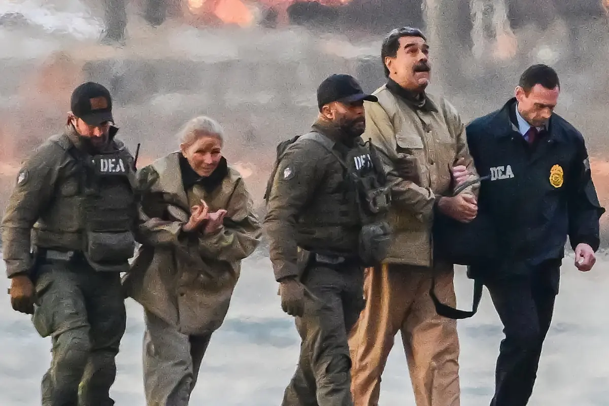 Grupo de agentes de la DEA escoltando a dos personas detenidas mientras caminan al aire libre