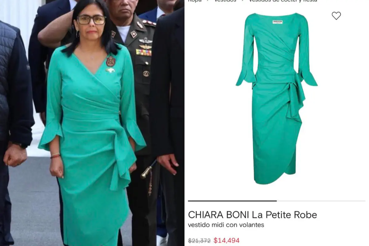 Mujer con gafas usando un vestido verde turquesa similar a un modelo de diseñador mostrado a la derecha en una tienda en línea