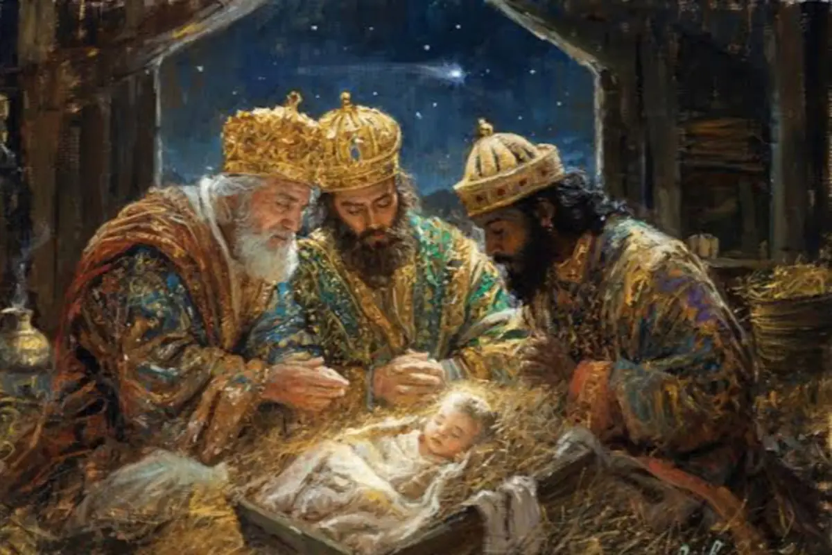 Pintura de los tres Reyes Magos con coronas y túnicas coloridas adorando a un bebé recostado en un pesebre bajo un cielo estrellado
