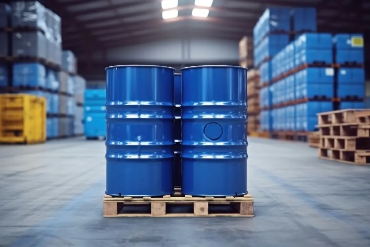 Dos bidones azules metálicos sobre un pallet de madera en el interior de un almacén industrial