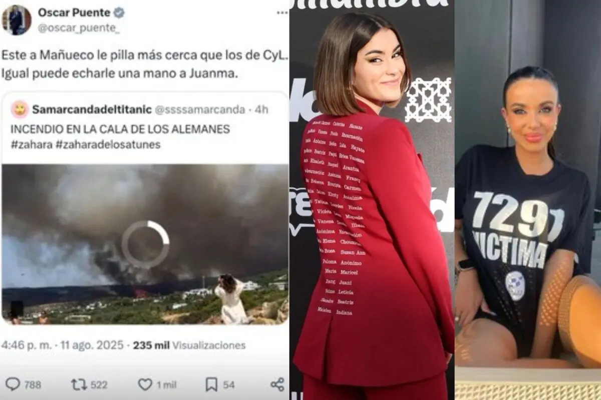 Montaje con un tuit sobre un incendio en la cala de los Alemanes a la izquierda y dos mujeres jóvenes a la derecha una con traje rojo de espaldas mostrando nombres impresos y otra sentada con camiseta negra con el texto 7291 víctima