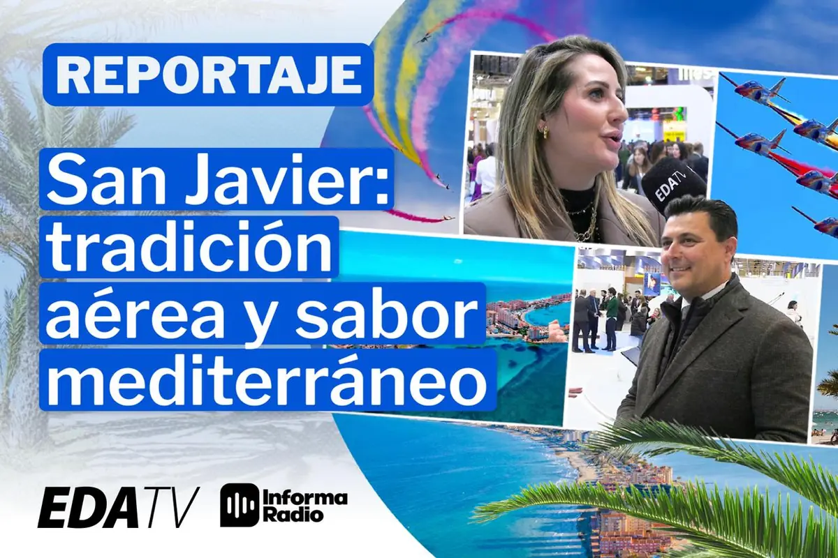 Portada de un reportaje de EDA TV e Informa Radio sobre San Javier con imágenes de exhibiciones aéreas, entrevistas a dos personas y vistas de la costa mediterránea