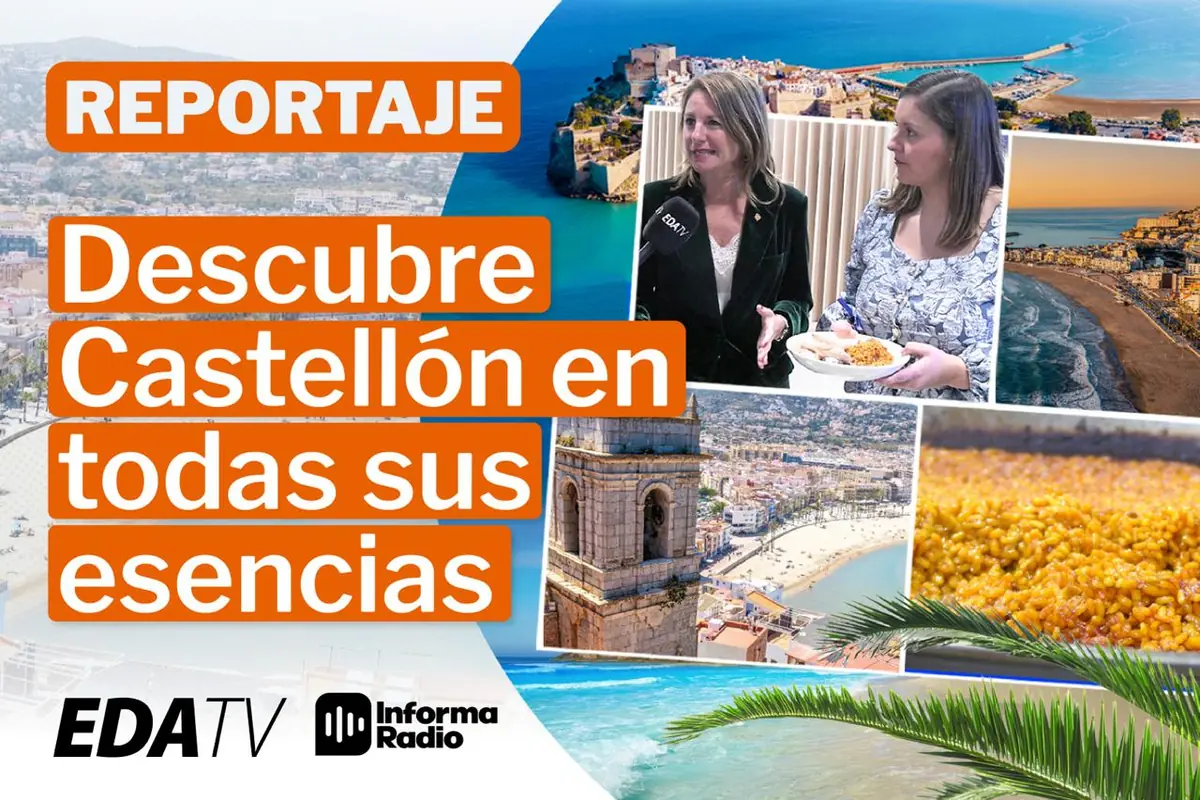 Montaje promocional de un reportaje de EDA TV e Informa Radio sobre Castellón con paisajes de playa, vistas aéreas de la ciudad, un campanario, un plato de arroz y dos mujeres conversando mientras sostienen comida