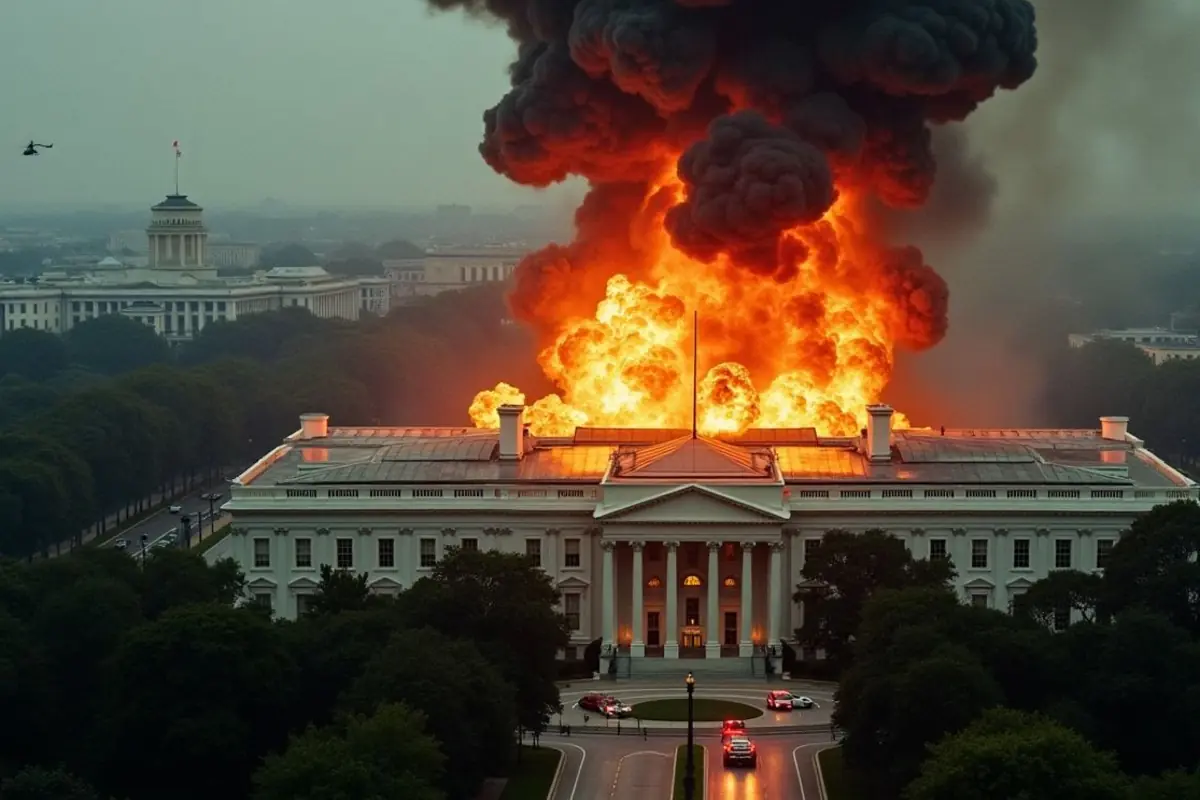 Edificio gubernamental blanco con una gran explosión y humo negro saliendo del techo mientras vehículos de emergencia se acercan por la avenida
