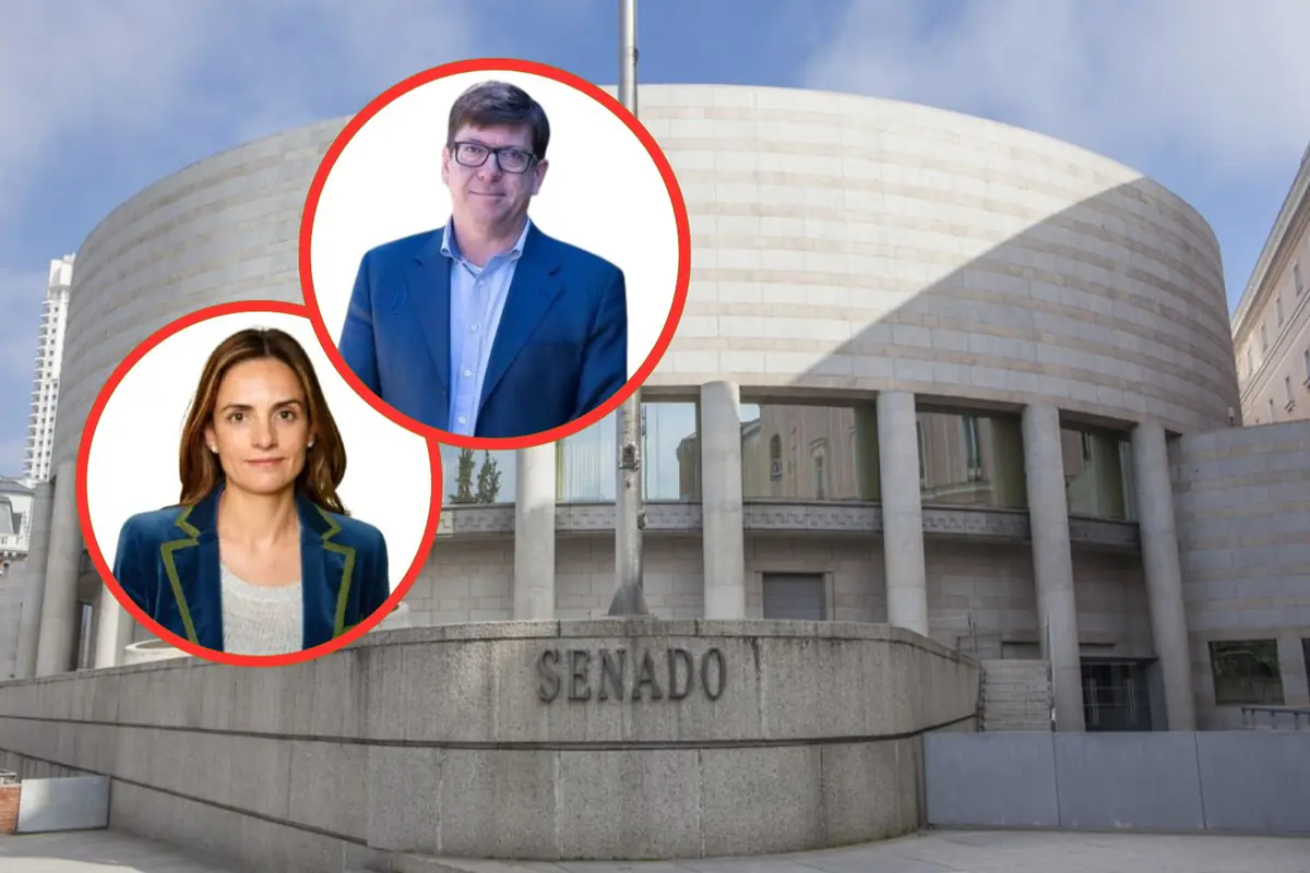 Fachada del edificio del Senado con dos retratos circulares de un hombre y una mujer superpuestos en la parte superior de la imagen