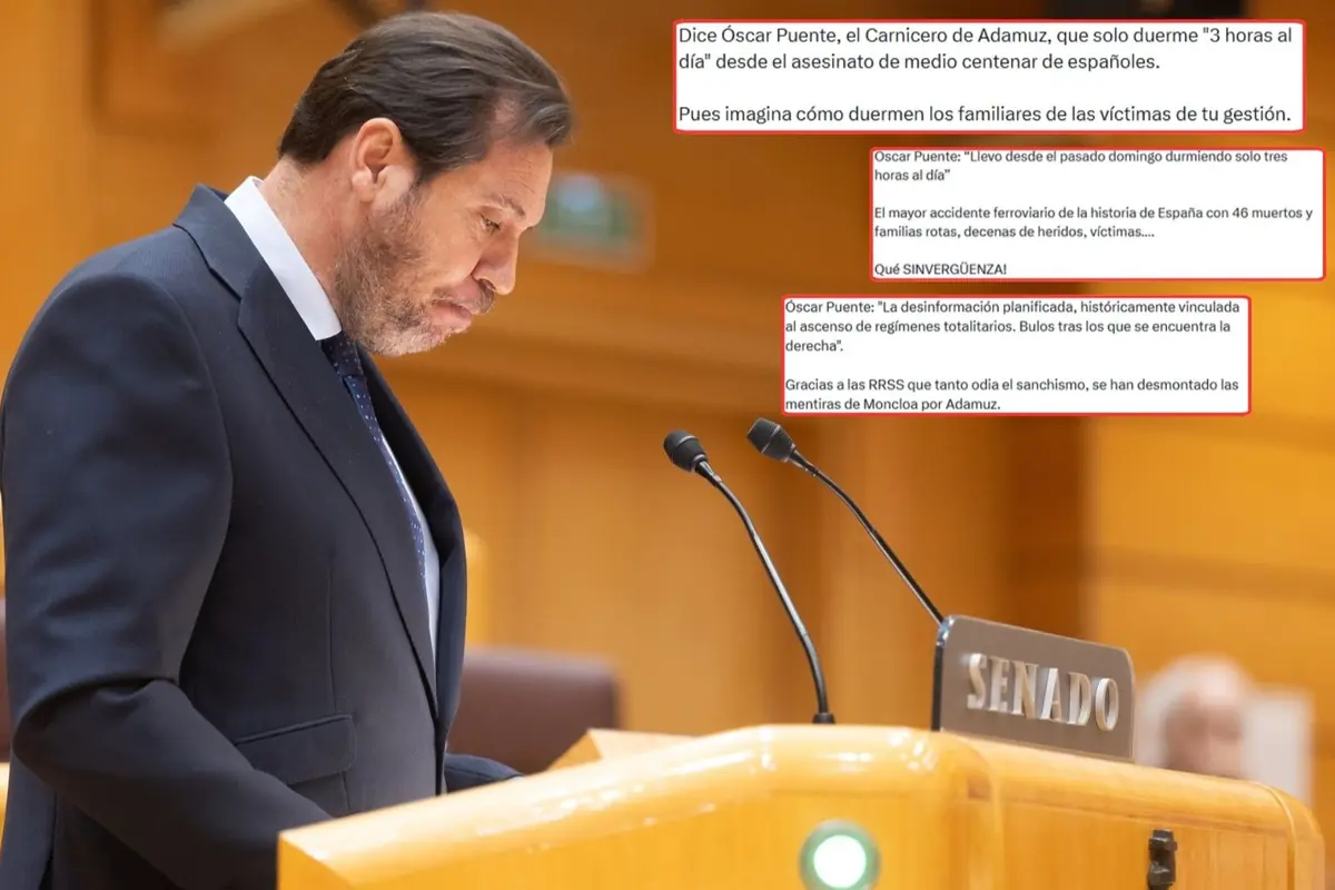 Hombre con traje oscuro y corbata azul inclinado sobre el atril del Senado español mientras en la parte derecha de la imagen aparecen recuadros con mensajes críticos en texto rojo