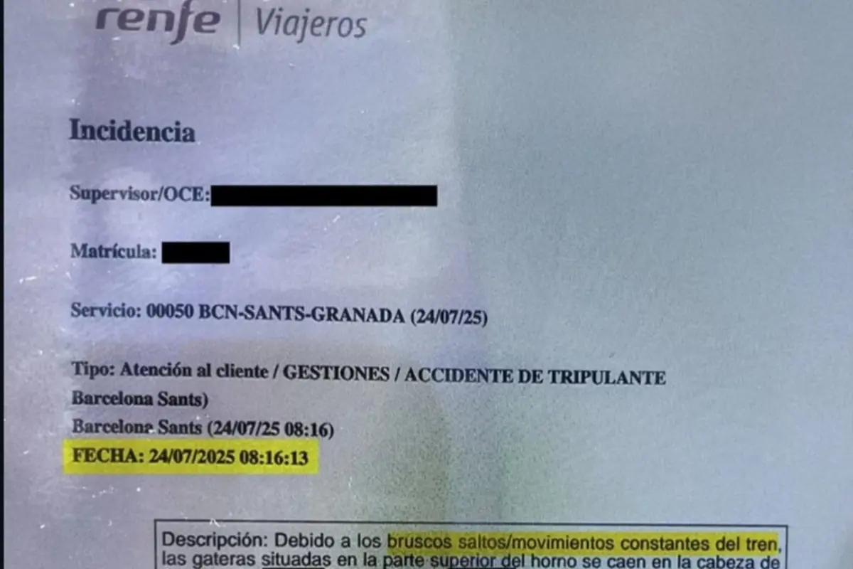 Documento de incidencia de Renfe Viajeros sobre un accidente de tripulante en el servicio 00050 BCN Sants Granada con datos de supervisor y matrícula ocultos fecha 24 07 2025 08 16 13 resaltada en amarillo y descripción donde se menciona que los bruscos saltos y movimientos constantes del tren provocan la caída de objetos sobre la cabeza de un trabajador