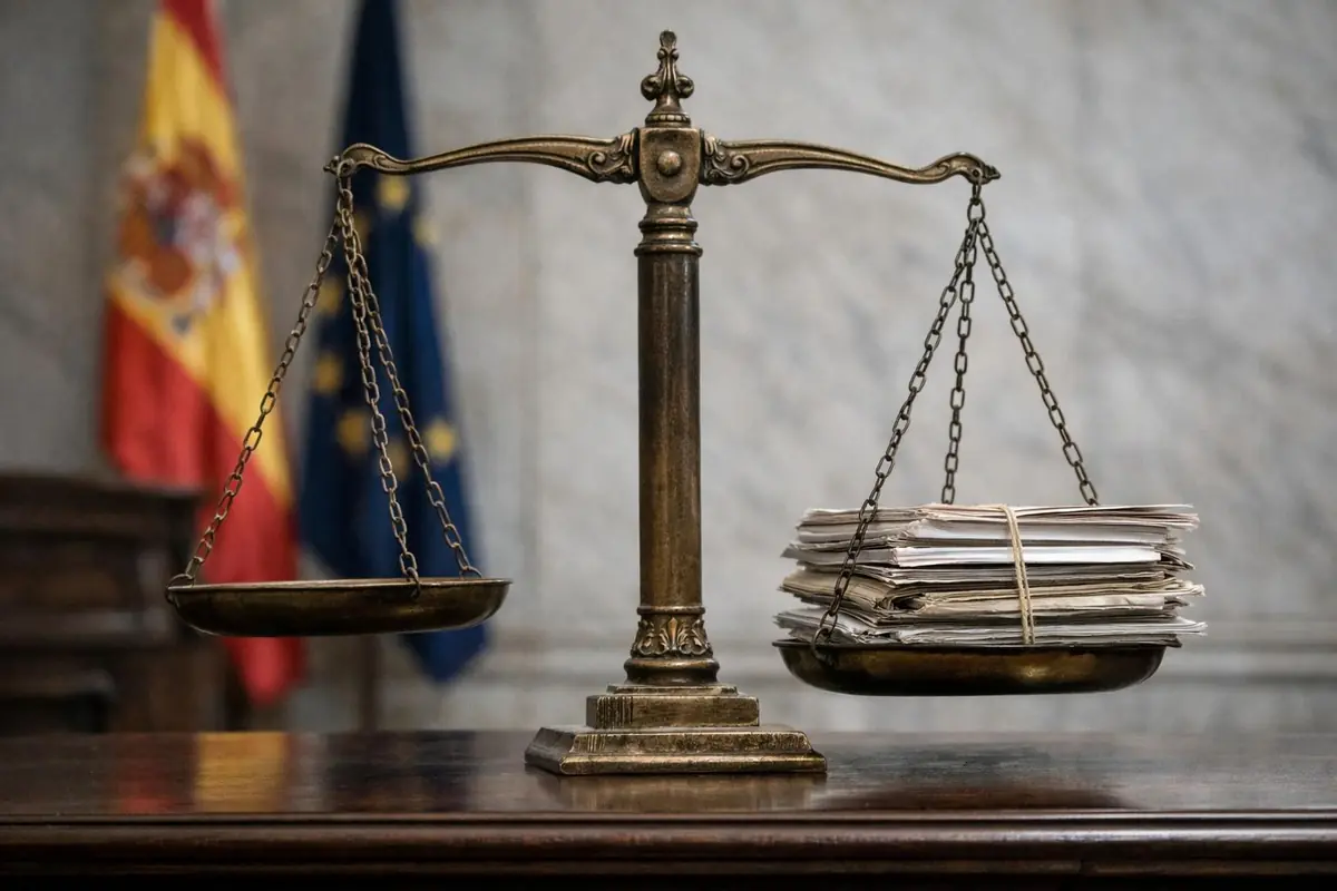 Balanza de justicia antigua con una pila de expedientes en un platillo y banderas de España y de la Unión Europea desenfocadas al fondo