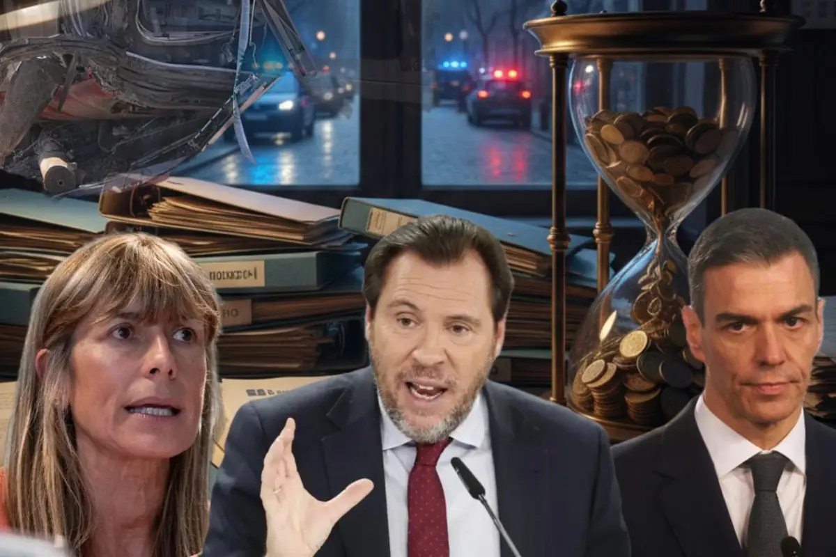 Montaje con tres figuras políticas en primer plano frente a pilas de expedientes un reloj de arena lleno de monedas un coche accidentado y coches de policía al fondo