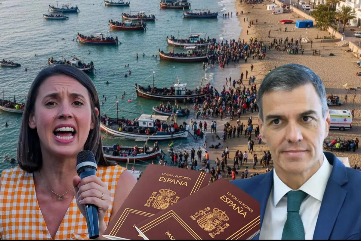 Montaje con una playa llena de personas llegando en barcos, en primer plano dos políticos españoles y varios pasaportes de España