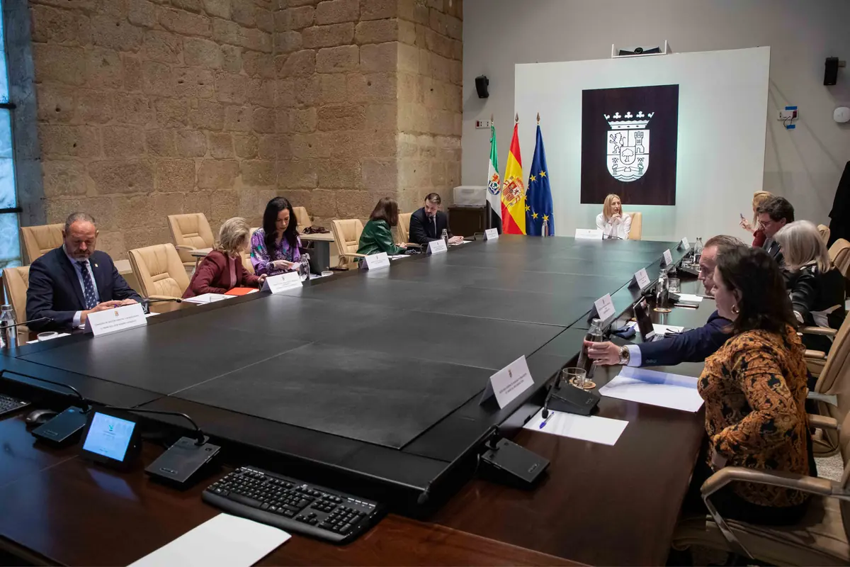 Reunión oficial de varias personas sentadas alrededor de una gran mesa de conferencias en una sala institucional con banderas de España y de la Unión Europea al fondo Reunión oficial de varias personas sentadas alrededor de una gran mesa de conferencias en una sala institucional con banderas de España y de la Unión Europea al fondo