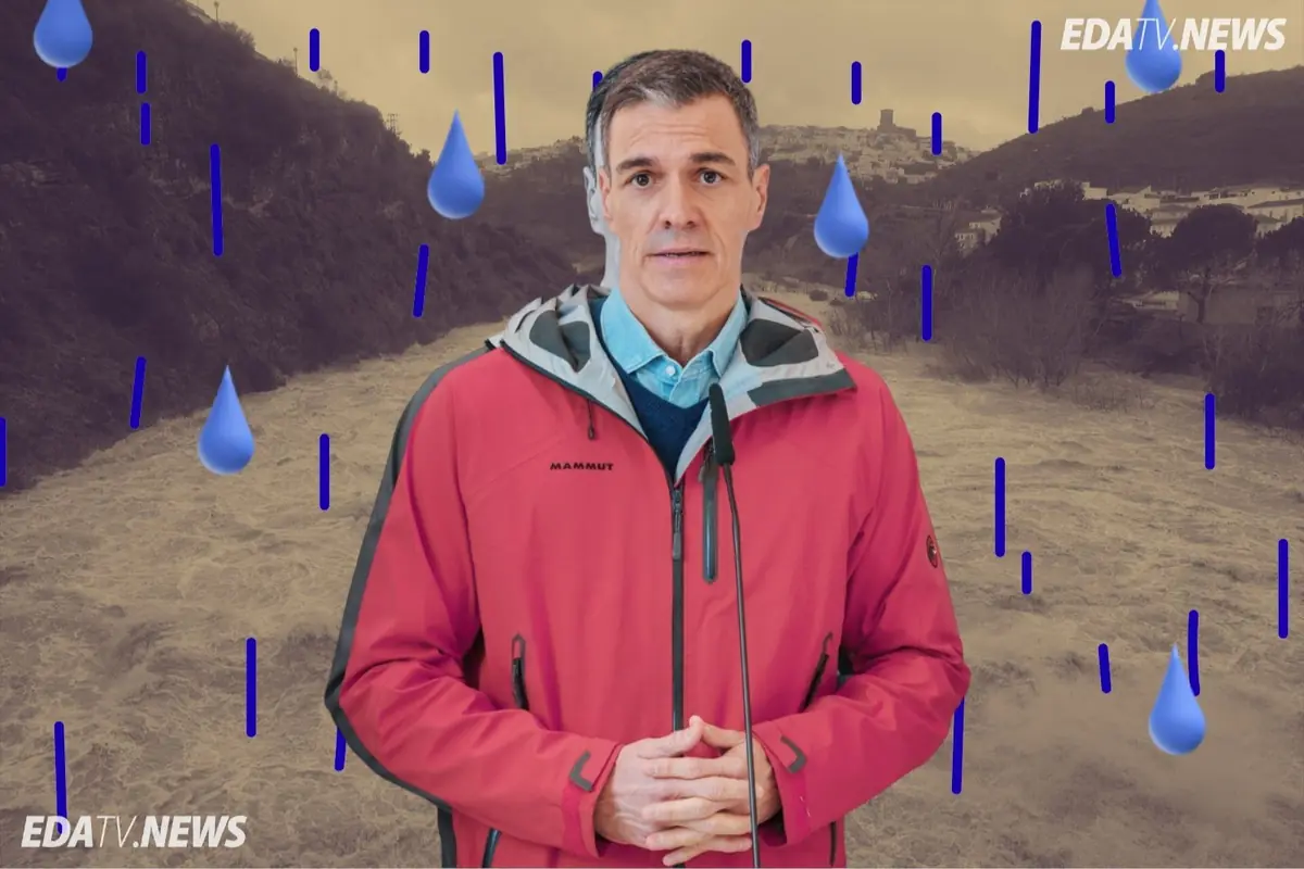 Hombre con chaqueta roja frente a un paisaje inundado con ilustraciones de gotas de lluvia azules y logotipo de EDATV NEWS en las esquinas