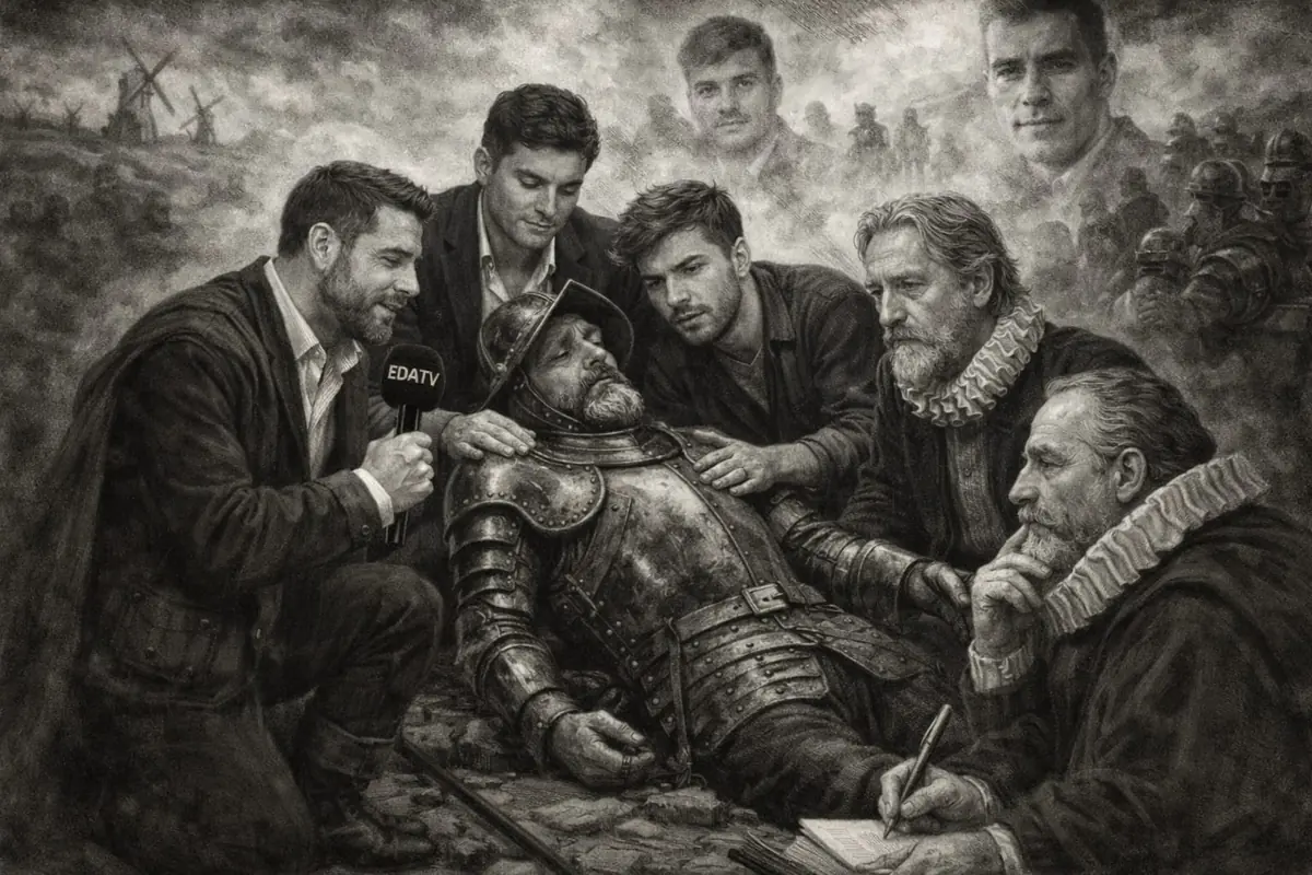 Ilustración en blanco y negro de un caballero medieval moribundo con armadura rodeado por hombres contemporáneos y renacentistas que lo asisten mientras uno sostiene un micrófono con el logo EDATV y otro toma notas en un cuaderno con un fondo de batalla y molinos de viento entre la niebla
