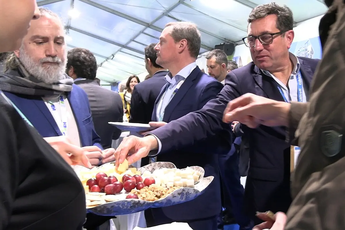 Personas con traje compartiendo una bandeja de aperitivos con uvas quesos y frutos secos en un evento social bajo una carpa
