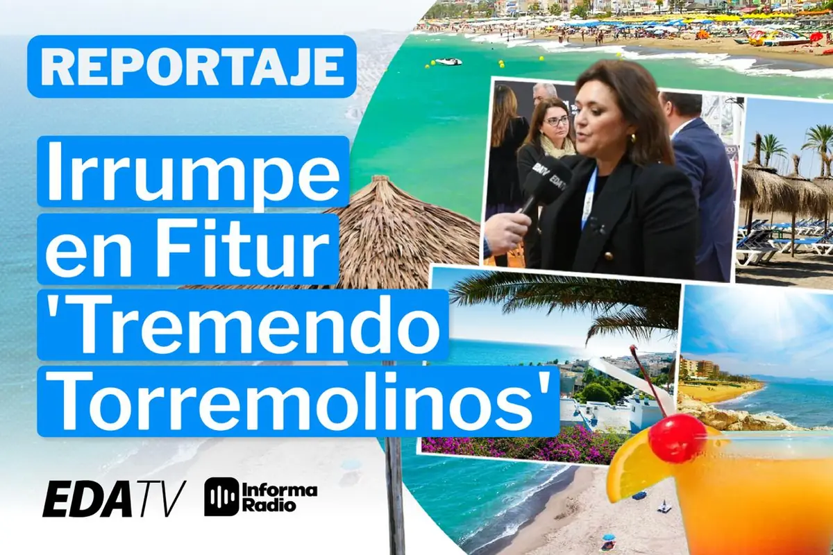 Montaje promocional de un reportaje de EDA TV e Informa Radio sobre Tremendo Torremolinos en Fitur con imágenes de playas turísticas mar azul sombrillas de paja una entrevistadora y un cóctel veraniego