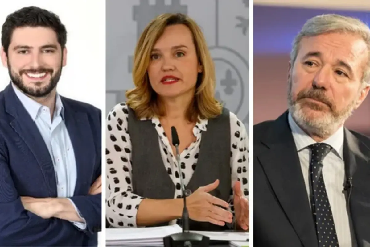 Tres personas adultas en formato collage cada una en un recuadro vertical un hombre joven con barba y americana azul una mujer rubia hablando frente a un micrófono y un hombre canoso con barba y traje oscuro