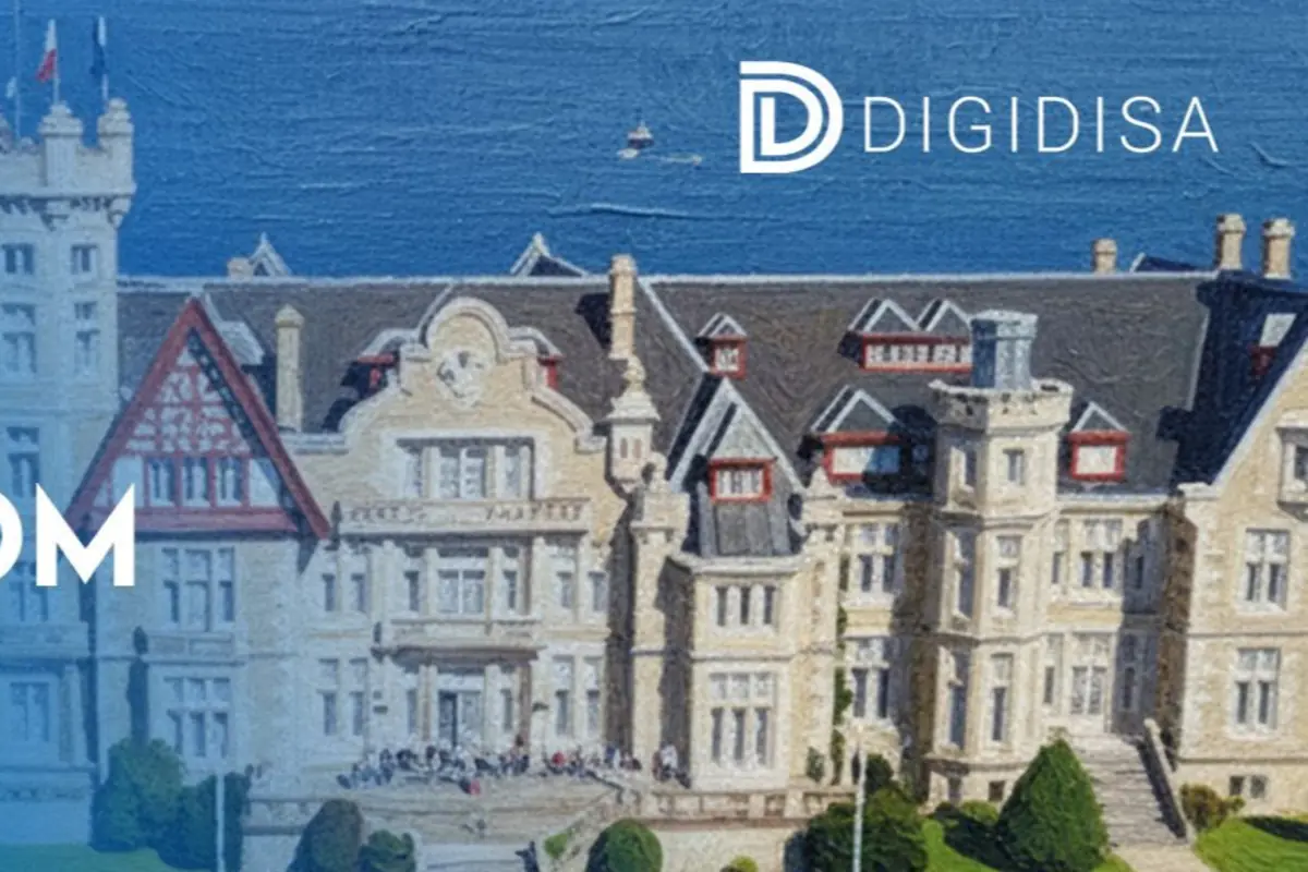 Ilustración de un gran palacio frente al mar con el logotipo y el texto DIGIDISA en la parte superior derecha