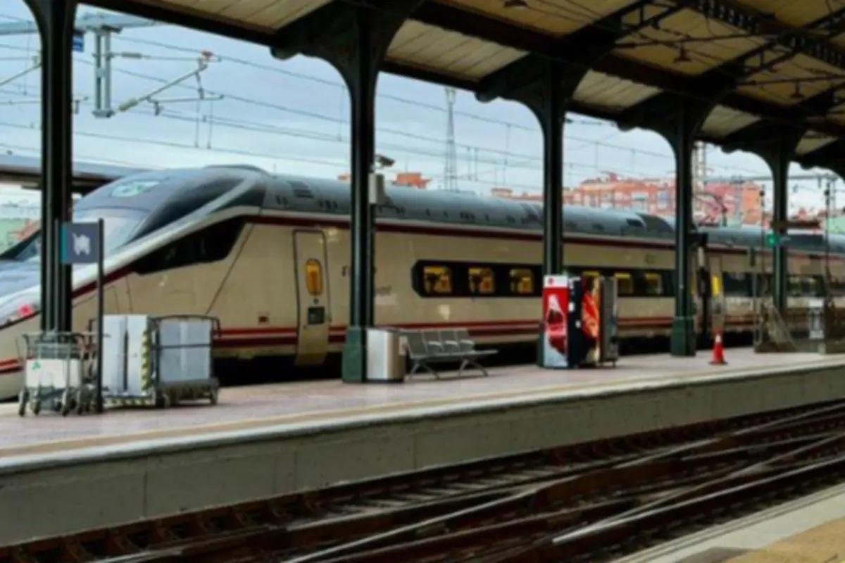 Tren de alta velocidad detenido en un andén cubierto de estación con vías vacías y máquinas expendedoras en primer plano