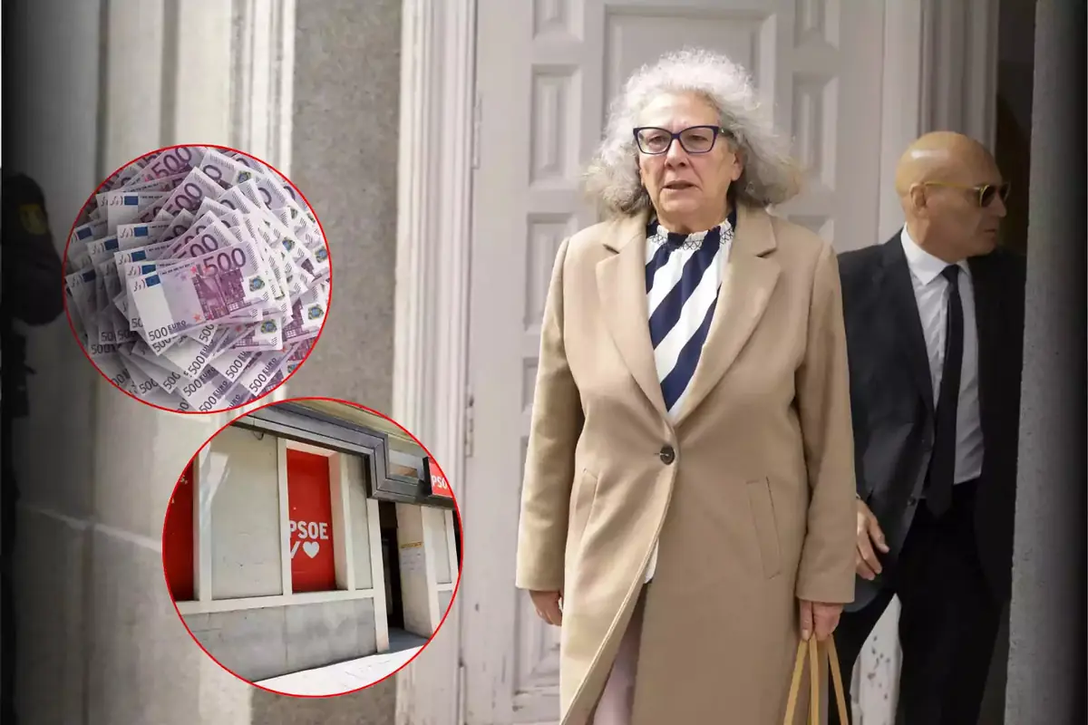 Mujer mayor con abrigo beige y gafas saliendo de un edificio acompañada por un hombre con traje oscuro junto a dos círculos rojos superpuestos que muestran billetes de 500 euros y la fachada de una sede del PSOE