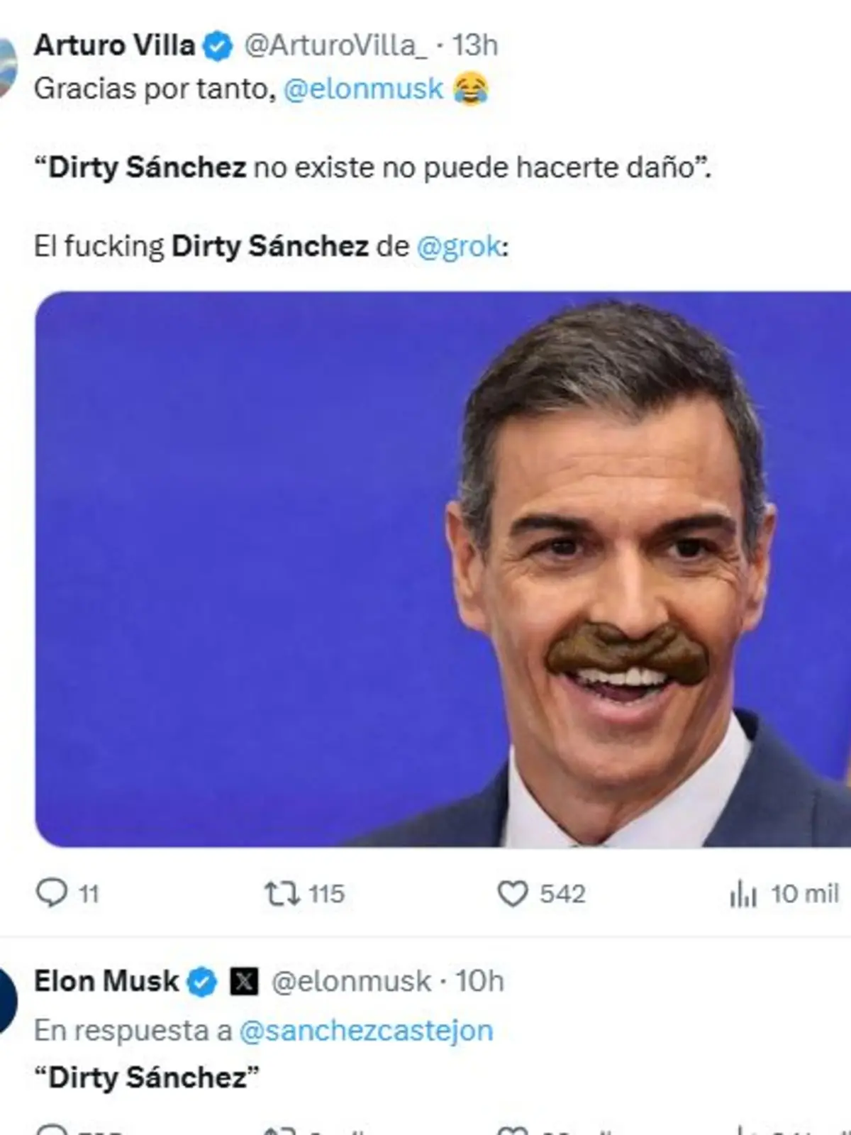Captura de pantalla de publicaciones en X donde se bromea con el apodo Dirty Sánchez usando una foto de un político con bigote editado