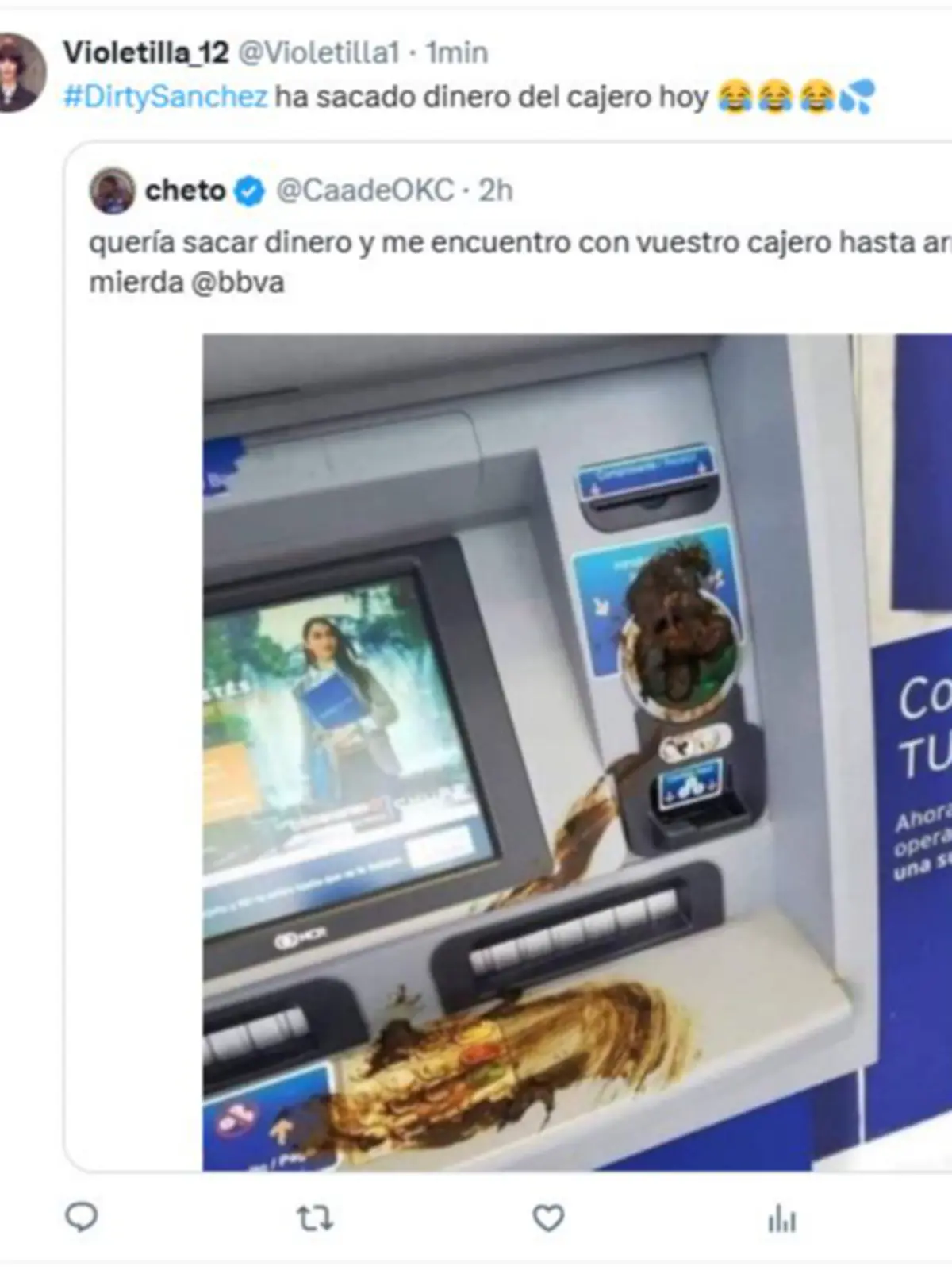 Captura de un tuit que muestra un cajero automático manchado de excremento en la pantalla y el teclado mientras el usuario se queja de encontrarlo en ese estado
