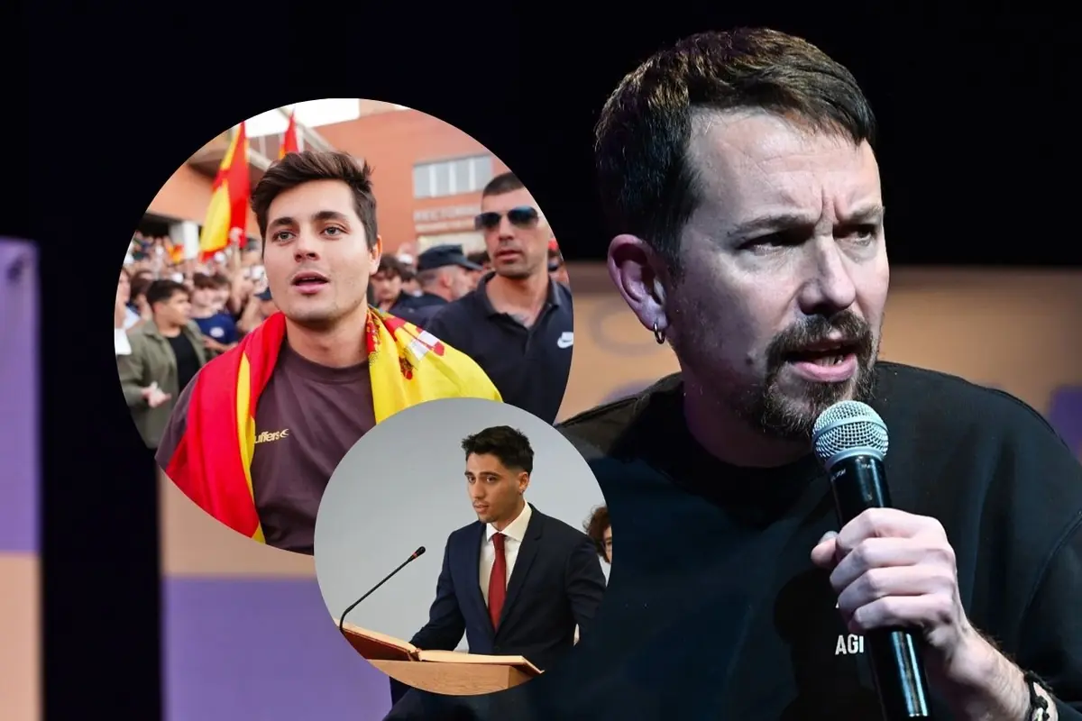 Hombre con micrófono hablando en un escenario con dos recuadros circulares que muestran a un joven envuelto en una bandera de España en una manifestación y a otro joven de traje dando un discurso en un atril