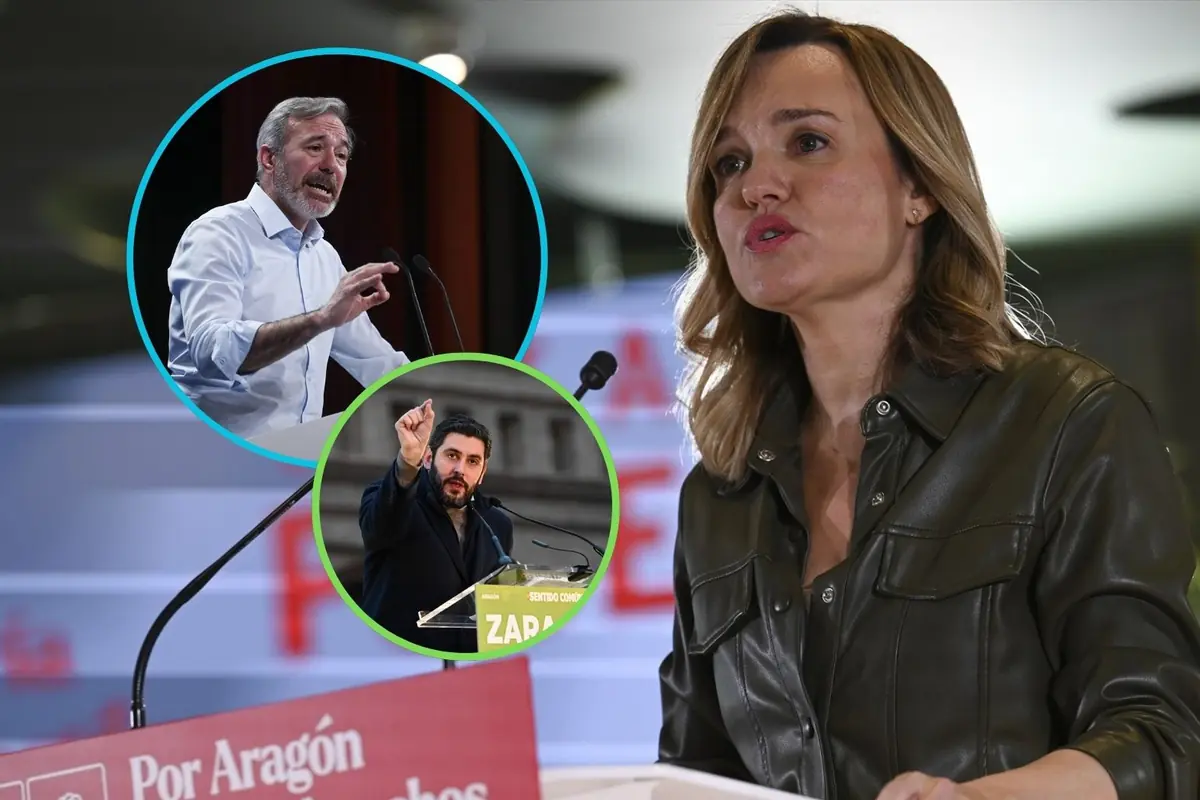 Montaje de tres políticos dando discursos en atriles con micrófonos en diferentes actos de campaña electoral