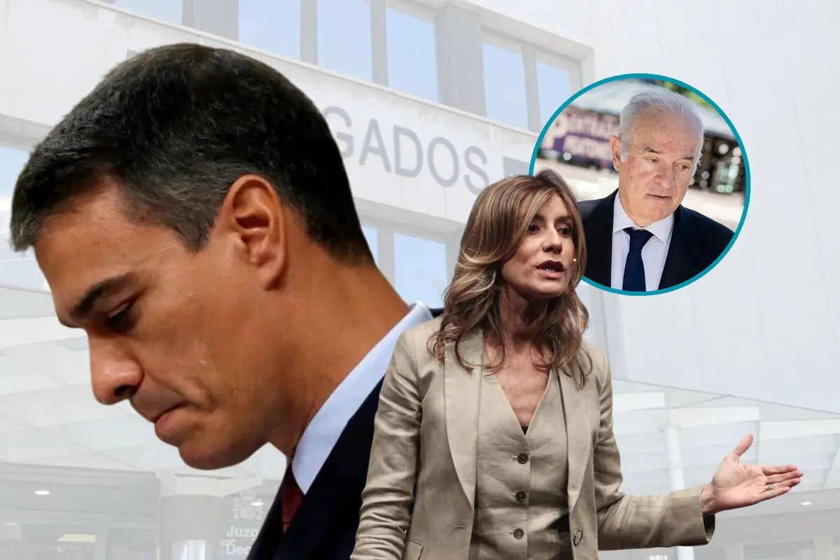 Montaje de tres personas en un entorno judicial con gesto serio y actitud de explicación o debate