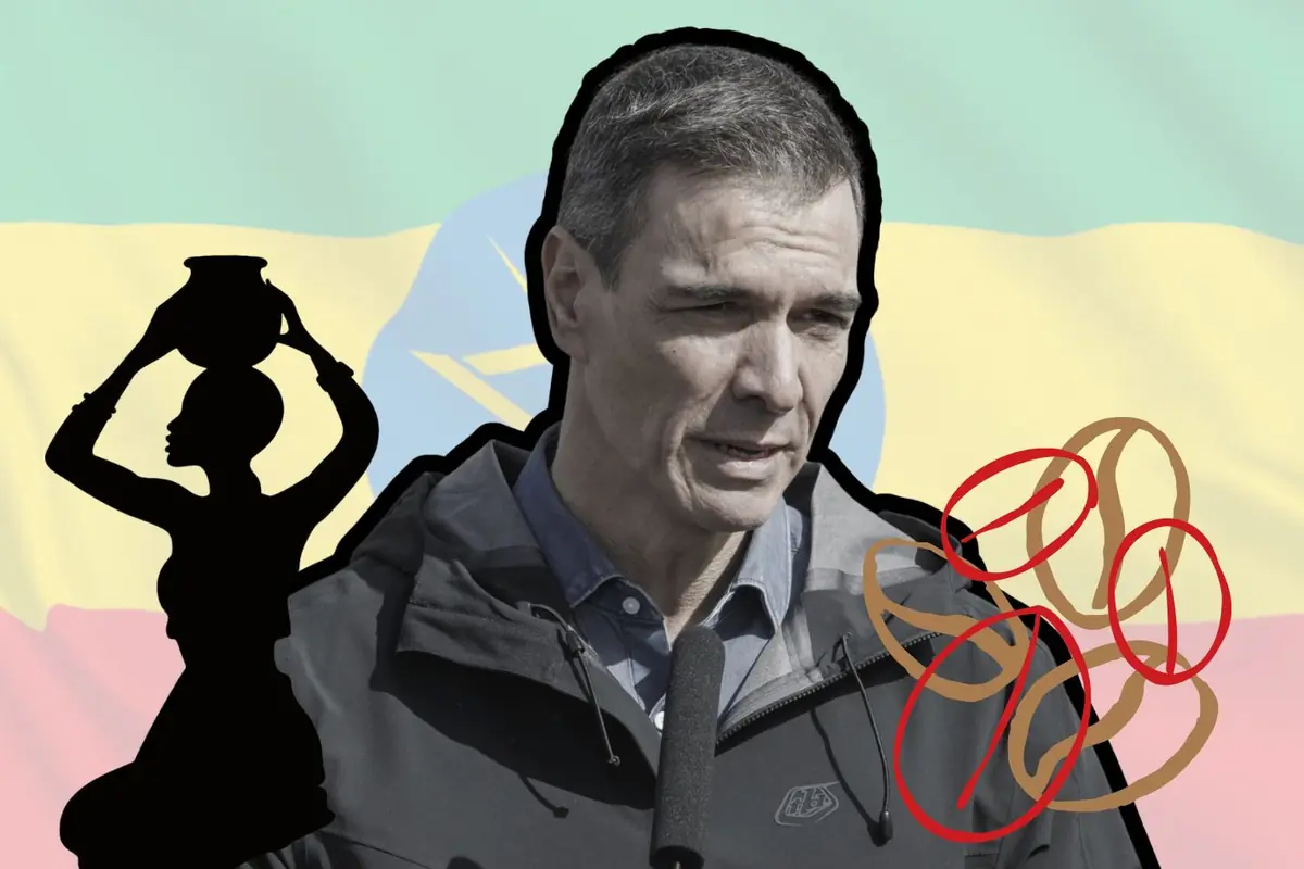 Hombre hablando ante un micrófono sobre un fondo con la bandera de un país africano acompañado de la silueta de una mujer cargando una vasija y dibujos de granos de café