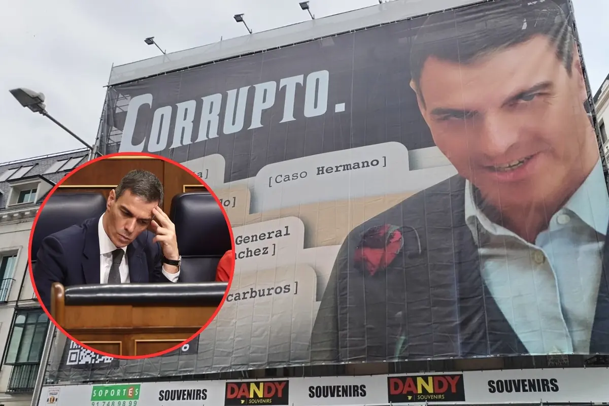 Gran cartel publicitario en la fachada de un edificio con la palabra CORRUPTO y la imagen de un político junto a un recuadro circular que muestra al mismo político pensativo en el parlamento