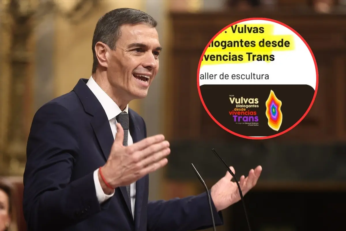 Político hablando en un atril con un círculo ampliado que muestra un cartel de un taller titulado Vulvas dialogantes desde vivencias trans