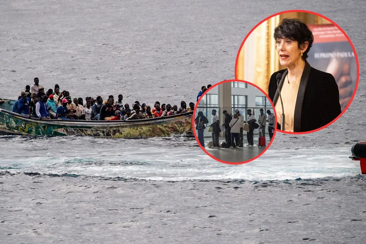 Barca sobrecargada de migrantes en el mar con dos recuadros que muestran a un grupo de personas haciendo fila en un edificio y a una mujer hablando ante un micrófono