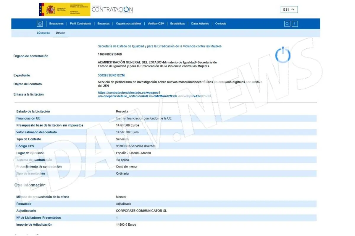 Captura de pantalla del portal de contratación del Gobierno de España con un expediente de la Secretaría de Estado de Igualdad sobre un servicio de periodismo de investigación acerca de nuevas masculinidades tóxicas en entornos digitales adjudicado a la empresa Corporate Communicator SL