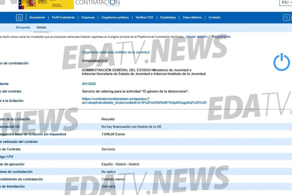 Captura de pantalla de la Plataforma de Contratación del Sector Público de España que muestra un expediente del Instituto de la Juventud para un servicio de catering de la actividad El género de la democracia con datos del contrato y presupuesto de 7.048 euros Captura de pantalla de la Plataforma de Contratación del Sector Público de España que muestra un expediente del Instituto de la Juventud para un servicio de catering de la actividad El género de la democracia con datos del contrato y presupuesto de 7.048 euros