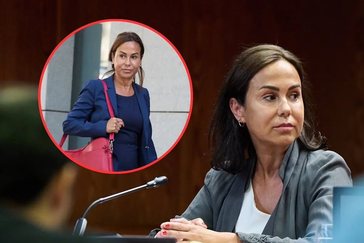 Mujer de mediana edad con chaqueta gris sentada en una mesa de reuniones mientras un recuadro circular muestra otra imagen suya caminando con traje azul marino y bolso rojo