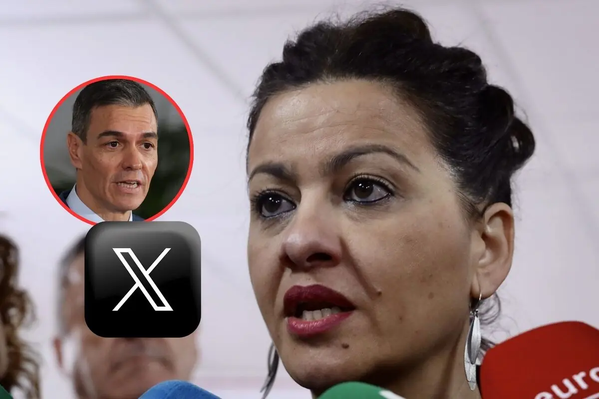 Primer plano de una mujer hablando ante varios micrófonos con un retrato de un hombre en un círculo rojo y el logotipo de la red social X superpuestos en la imagen