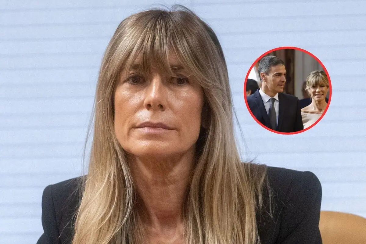 Mujer de cabello largo y lacio mira seria a la cámara en una sala de reuniones con un pequeño recuadro circular que muestra a una pareja elegantemente vestida al fondo