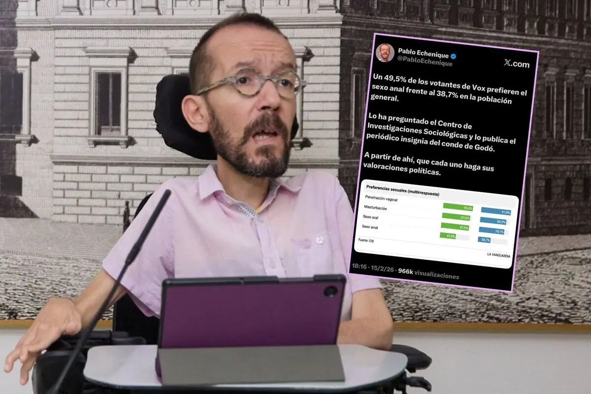 Hombre con gafas en silla de ruedas hablando frente a un micrófono y un portátil mientras a su lado aparece superpuesto un tuit con una estadística sobre preferencias sexuales de votantes de Vox