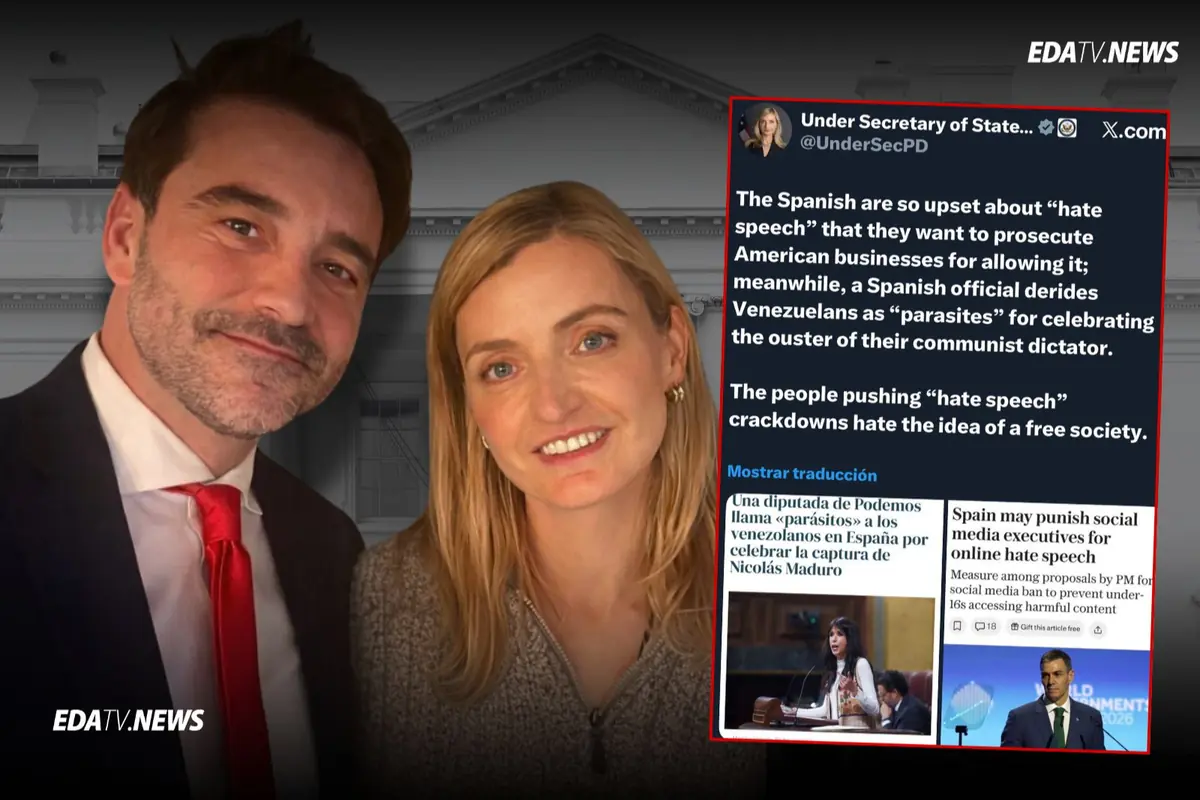 Dos personas posan sonrientes frente a un fondo institucional mientras a la derecha se muestra una captura de pantalla de una publicación en redes sociales en inglés sobre discurso de odio y noticias relacionadas con España