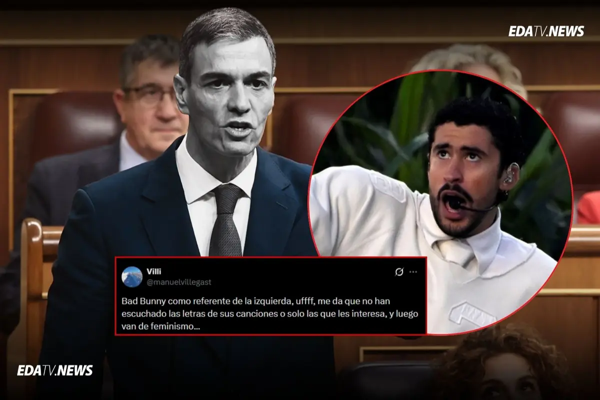 Montaje que muestra a un político hablando en el parlamento en blanco y negro junto a una foto en color de Bad Bunny cantando con micrófono de diadema y un tuit crítico sobre usar al cantante como referente de la izquierda y del feminismo