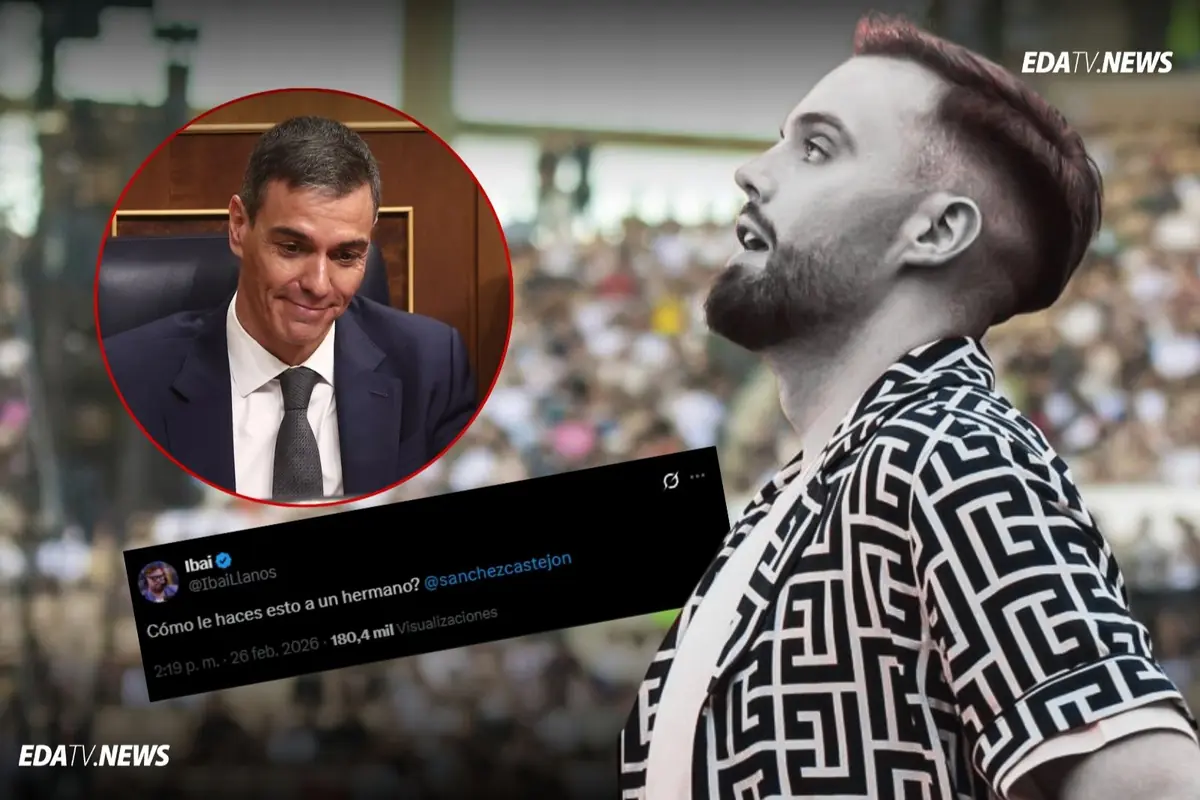 Montaje con un streamer en primer plano mirando hacia arriba, un político serio en un círculo rojo al fondo y un tuit superpuesto criticando una decisión del político