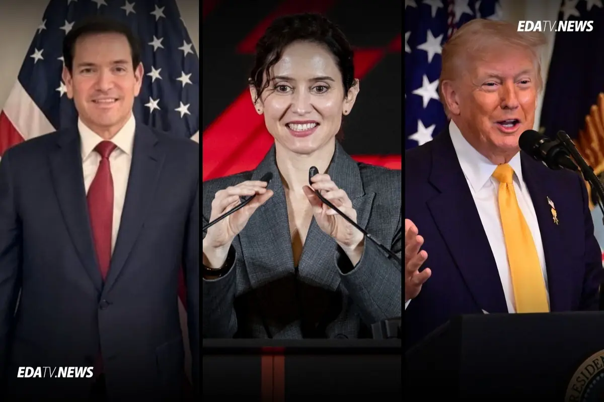 Tres políticos en formato de collage vertical cada uno hablando o posando frente a micrófonos y banderas de Estados Unidos con el logotipo EDATV NEWS en las esquinas