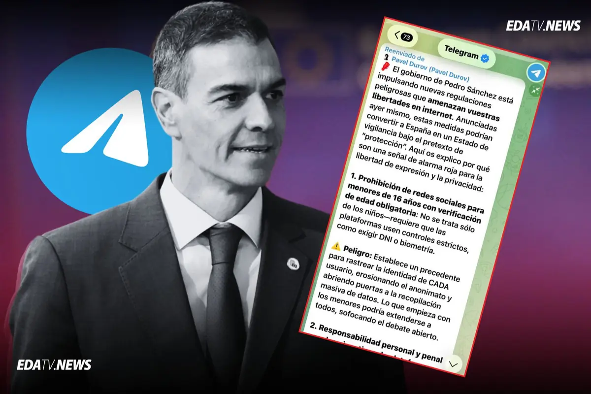 Montaje con un político en blanco y negro junto al logo de Telegram y una captura de pantalla de un mensaje crítico sobre nuevas regulaciones de internet y redes sociales