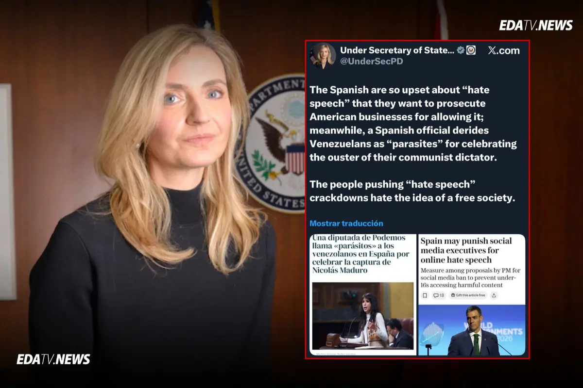 Mujer rubia con suéter negro posando frente a un emblema oficial del gobierno de Estados Unidos junto a una captura de pantalla de un tuit en inglés sobre discurso de odio y recortes a la libertad de expresión con noticias relacionadas en español y en inglés