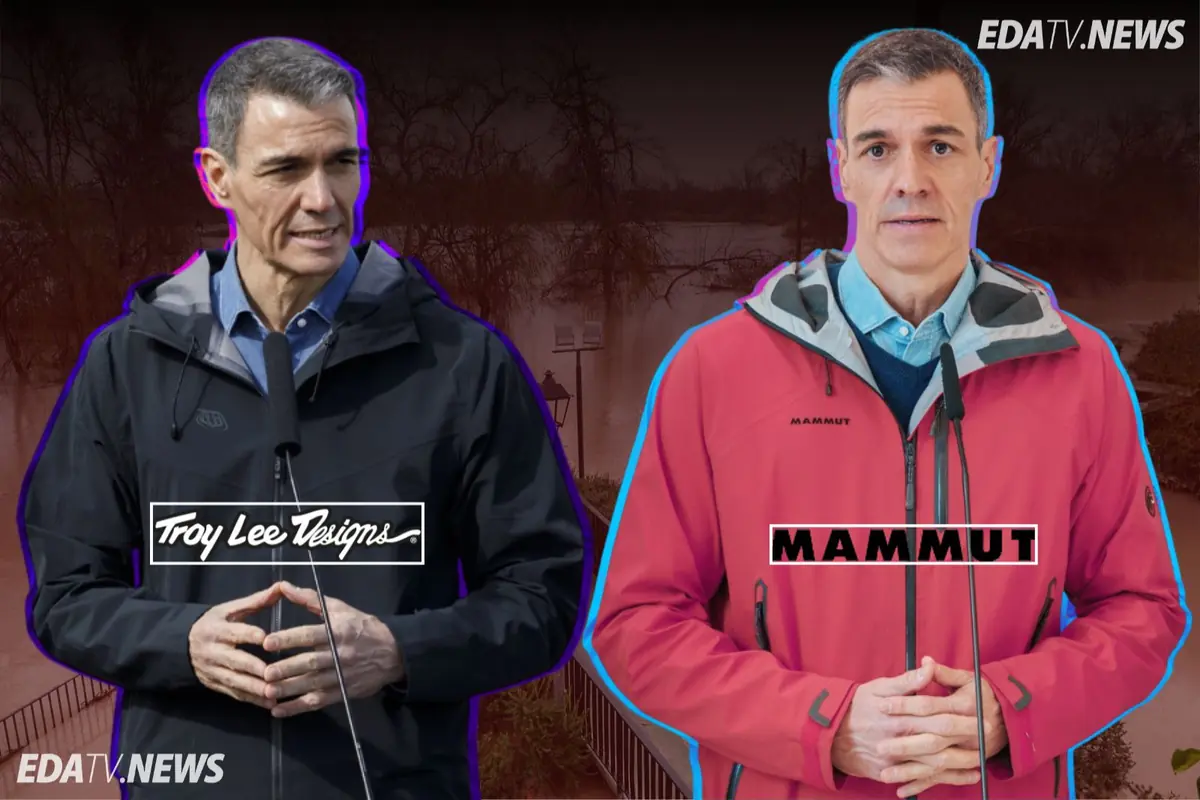 Montaje de dos hombres de mediana edad hablando ante micrófonos, uno con chaqueta negra de la marca Troy Lee Designs y otro con chaqueta roja de la marca Mammut, sobre un fondo oscuro con el logotipo EDATV NEWS en las esquinas